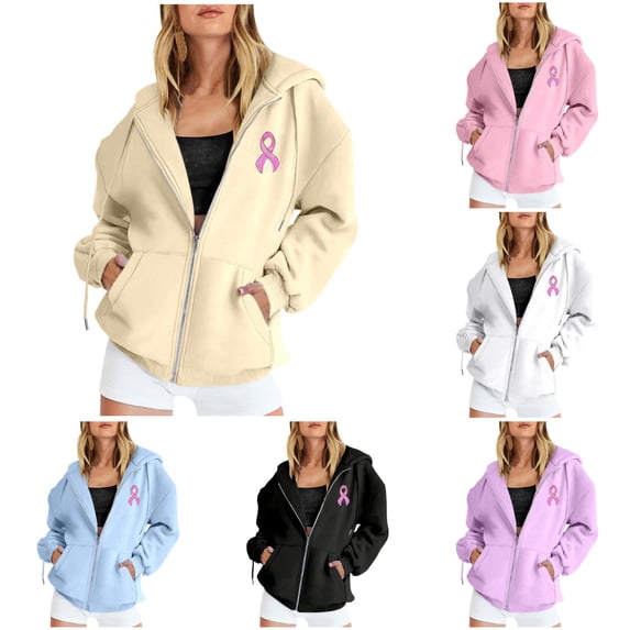 FYDUU Breast Cancer Awareness Gifts Zip Up Hoodie Women Long Sleeve Sweatshirt Jacket with Pockets Full Zip Up Hoodies for Women