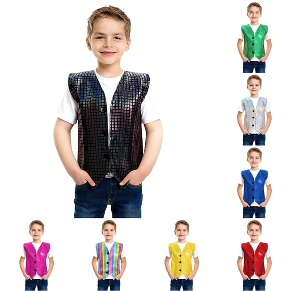 FYDUU Carnival Boys Sequin Vest Halloween Stage Performance Party Wear Sleeveless Casual Waistcoat Stylish Vest Tops for Children 3-4 Years