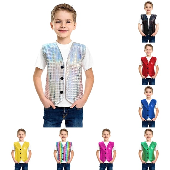 FYDUU Carnival Boys Sequin Vest Halloween Stage Performance Party Wear Sleeveless Casual Waistcoat Stylish Vest Tops for Children 5-6 Years