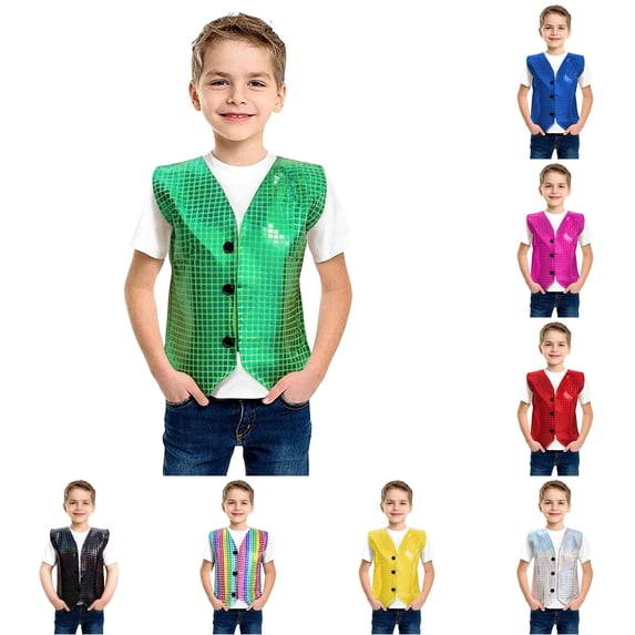 FYDUU Carnival Boys Sequin Vest Halloween Stage Performance Party Wear Sleeveless Casual Waistcoat Stylish Vest Tops for Children 9-10 Years