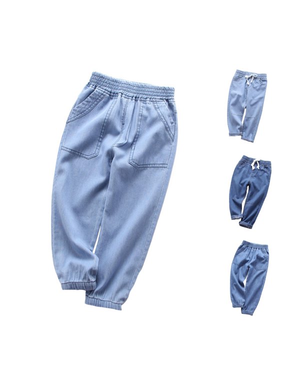 Casual Denim Pants for Boys Jeans Elastic Waist Pull On Tapered Leg Denim Trousers Solid Color Fall Fashion Jeans Joggers Kids Fashion Pants 11-12 Years