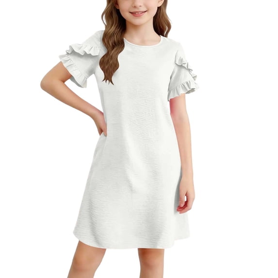 FYDUU Casual Dresses For Girls Summer Dress Short Sleeve Round Neck T-Shirt Dress With Ruffle Solid Color Stylish Beach Sundress 9-10 Years