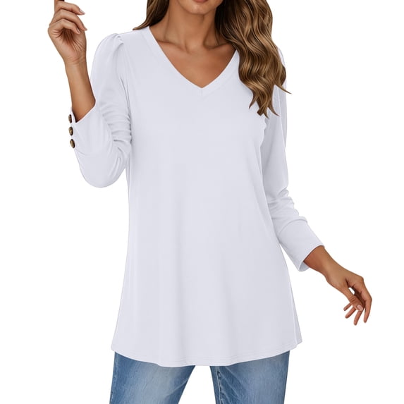 FYDUU Casual T Shirts for Women Solid Color Long Sleeve V Neck Tee Shirt Button Down Tunic Tops Fall Fashion 2025 Trendy Tops Winter Clothing Tees Stylish Blouses