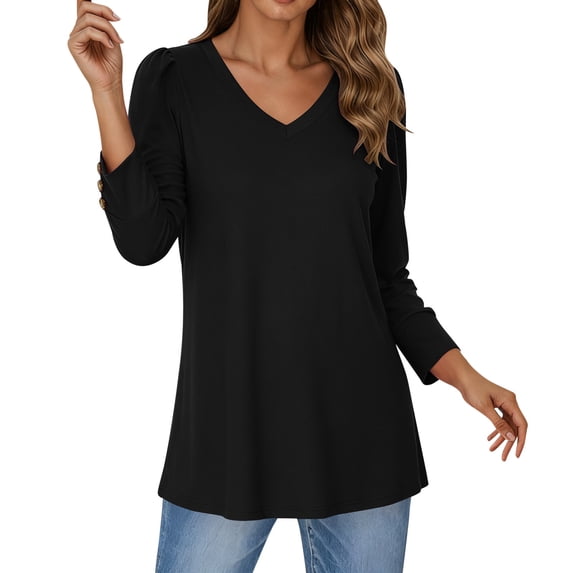 FYDUU Casual T Shirts for Women Solid Color Long Sleeve V Neck Tee Shirt Button Down Tunic Tops Fall Fashion 2025 Trendy Tops Winter Clothing Trendy Cute T-Shirts