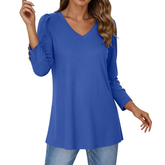 FYDUU Casual T Shirts for Women Solid Color Long Sleeve V Neck Tee Shirt Button Down Tunic Tops Fall Fashion 2025 Trendy Tops Winter Clothing Versatile T-Shirts