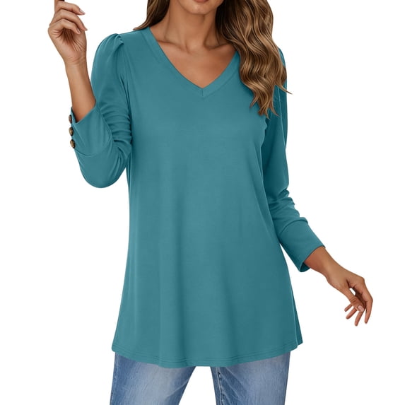 FYDUU Casual T Shirts for Women Solid Color Long Sleeve V Neck Tee Shirt Button Down Tunic Tops Fall Fashion 2025 Trendy Tops Winter Clothing Women Tops Blouses