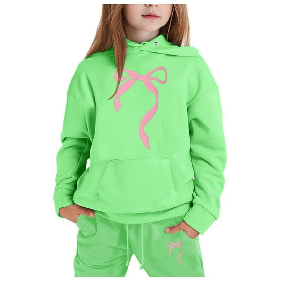 FYDUU Children's Hoodie Set With Bow Print Girls Boys 2 Piece Tracksuit Athletic Sweatsuits Sets Hooded Sweatshirt And Jogger Sweatpants Set Cute Girls Clothes