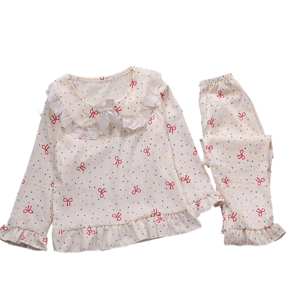 FYDUU Children's Pajama Sets Girls Long Sleeve Pajamas Cute Bow Print Tops Pants Loungewear Soft Sleepwear Two Piece Outfits 8-9 Years