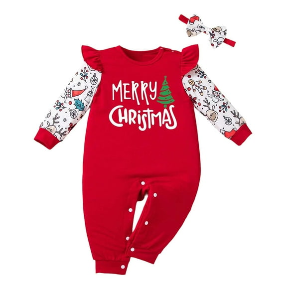 FYDUU Christmas Baby Girl Romper Jumpsuit Ruffle Long Sleeve Party Onesie Outfit With Headband 2Pcs Xmas Holiday Festive Baby Clothes 6-9 Months