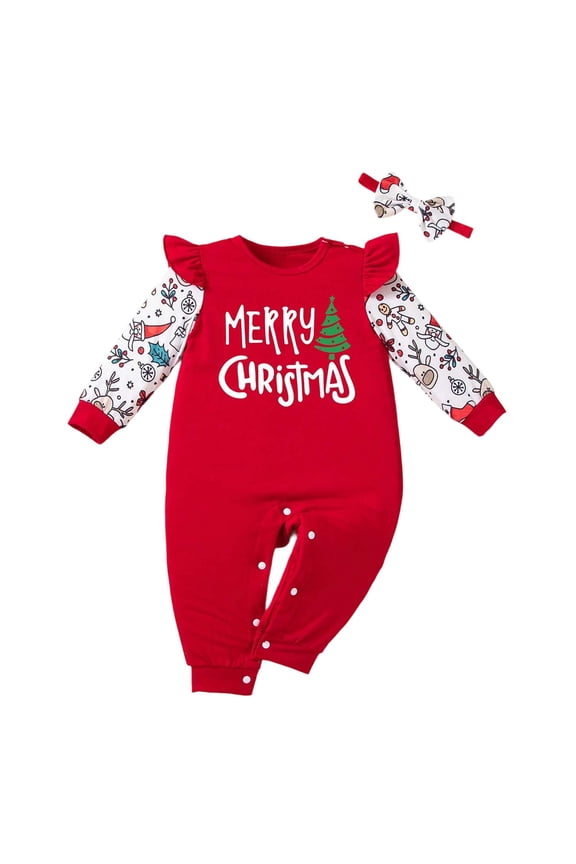 Christmas Baby Girl Romper Jumpsuit Ruffle Long Sleeve Party Onesie Outfit With Headband 2Pcs Xmas Holiday Festive Baby Clothes 6-9 Months