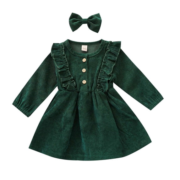FYDUU Christmas Baby Girls Dresses Toddler Baby Girl Corduroy Ruffle Long Sleeve Dress Princess Party Dress With Headband Fall Winter Outfit 18-24 Months