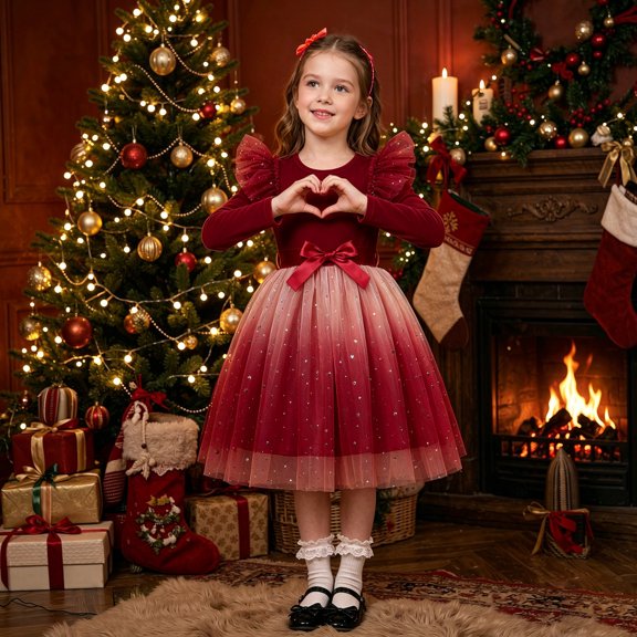 FYDUU Christmas Dresses for Girls Long Sleeve Party Dress Sequin Starry Princess Tulle Dress Formal Party Gown for Holiday Celebrations