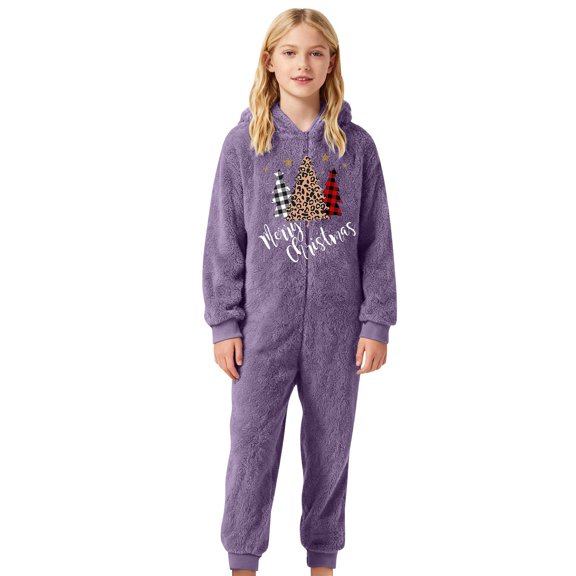 FYDUU Christmas Girls Boys Pajamas Flannel Rompers Kids Long Sleeve Zip Up Onesie Sleepwear Winter Thick Hooded Romper Jumpsuit One Piece Outfit 4-5 Years