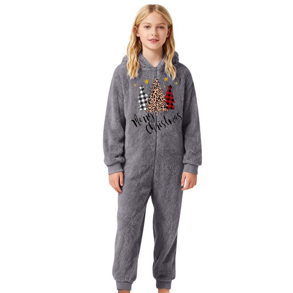 FYDUU Christmas Girls Boys Pajamas Flannel Rompers Kids Long Sleeve Zip Up Onesie Sleepwear Winter Thick Hooded Romper Jumpsuit One Piece Outfit 3-4 Years