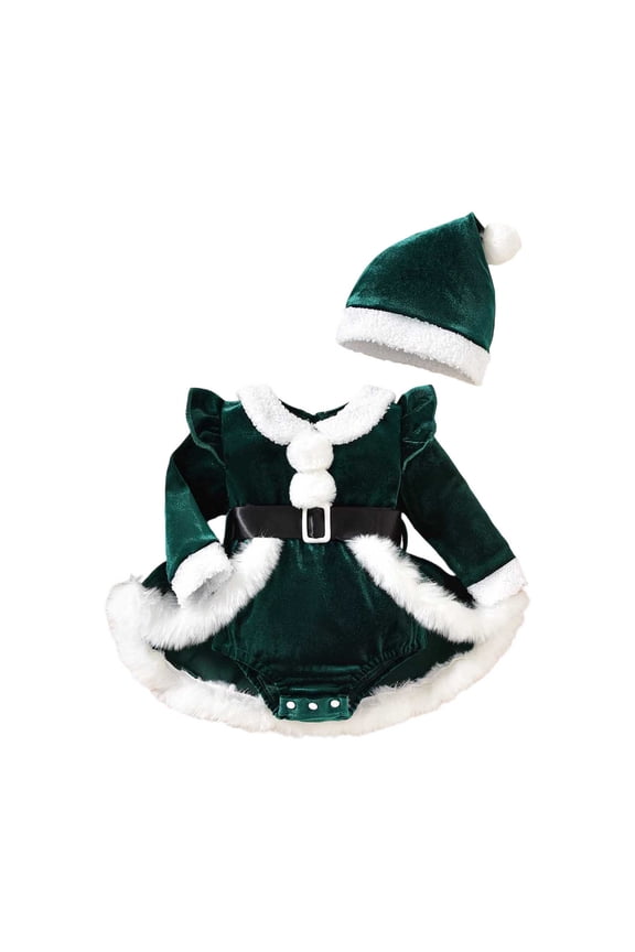 Christmas Girls Tutu Dresses Infant Girls Long Sleeve Christmas Fleece Romper Newborn Bodysuits Dress Hat Set 0-3 Months