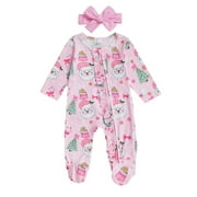 FYDUU Christmas Newborn Baby Girl Footies Romper Ruffle Long Sleeve Sleeper Zip Up Footed Pajamas Jumpsuit And Headband Coming Home Outfits Christmas Outfits