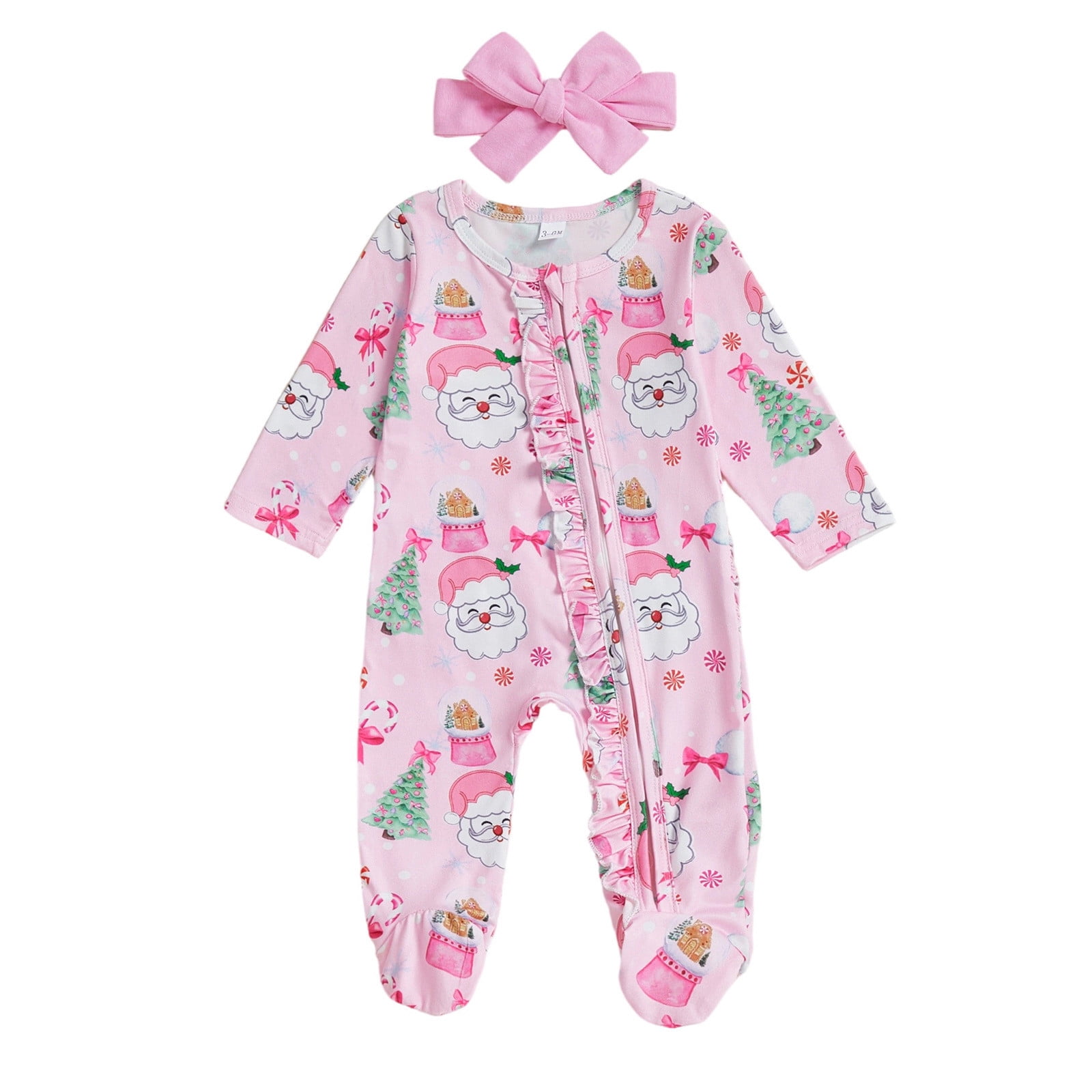 FYDUU Christmas Newborn Baby Girl Footies Romper Ruffle Long Sleeve Sleeper Zip Up Footed Pajamas Jumpsuit And Headband Coming Home Outfits Leisure Sweatsuits