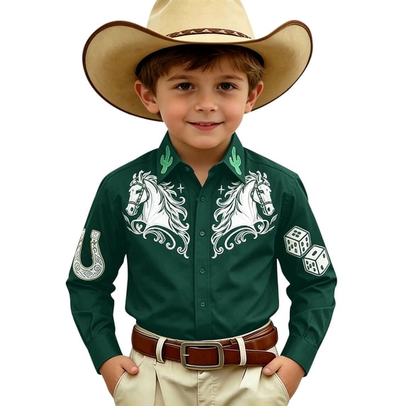 FYDUU Cute Boys Cowboy Shirt Boy's Western Cowboy Shirt Embroidered Long Sleeve Regular Fit Casual Button Down Shirts Fashion Tops 6-7 Years
