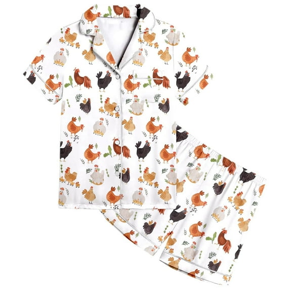 FYDUU Cute Pajamas for Girls Chicken Pattern Print Girls Pajamas Short Sleeve Button Down Shirt And Shorts Kids Soft Sleepwear Outfits Nightwear 12-13 Years