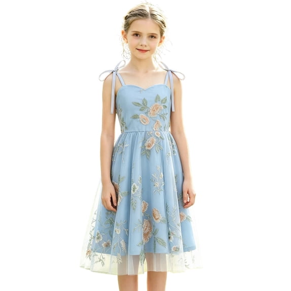 FYDUU Embroidery Flower Girl Dress for Kids Wedding Bridesmaid Tulle Dresses Sleeveless Bowknot Princess Pageant Birthday Party Gown 7-8 Years