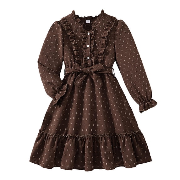 FYDUU Fall Dresses for Girls Long Sleeve Ruffle Collar Flowy A-Line Party Dress with Removable Belt Fashion Dresses Kids Casual Sundress 7-8 Years