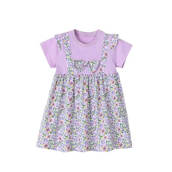 FYDUU Fashion Girls Floral Dresses Cute Bowknot Short Sleeve Summer Dress Round Neck Casual Sundress for Toddler Kids Girl 7 Years