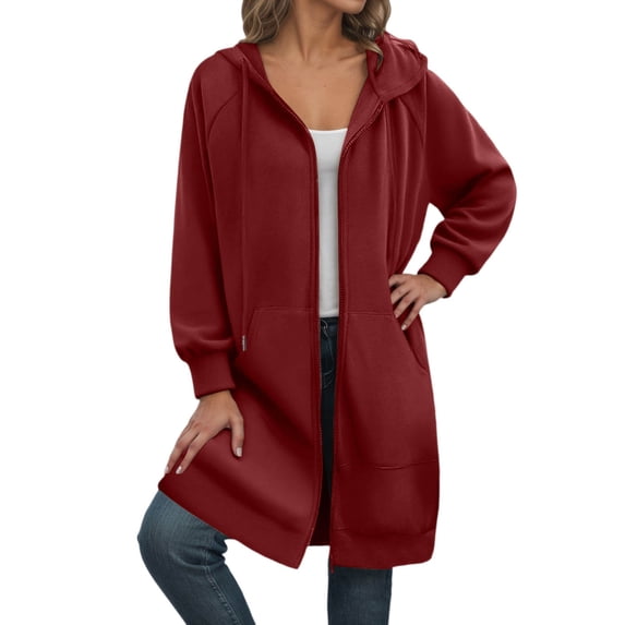 FYDUU Fashion Hoodies for Women Long Zip Up Hooded Sweatshirt For Mid Length Fleece Lined Jacket With Front Pockets Comfortable Casual Outerwear Comfort Hoodie Sweatshirt