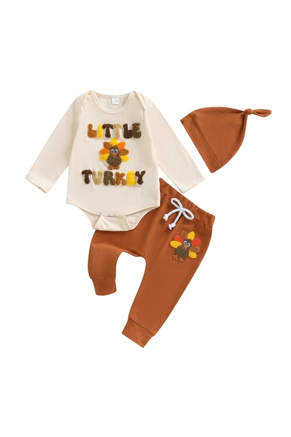 My First Thanksgiving Baby Boy Outfits Turkey Letter Embroidery Long Sleeve Romper Pants Set With Hat 3Pcs Cute Fall Clothes 3-6 Months
