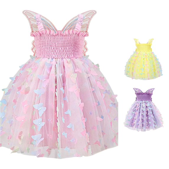FYDUU Flower Girl Dress Butterfly Colorful Tulle Tutu Dresses Sleeveless Party Gown Princess Birthday Dress for Girls Casual Sundress 5-6 Years