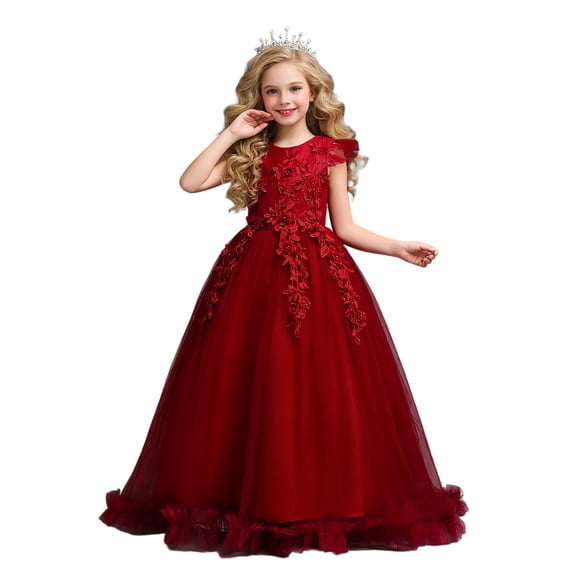 FYDUU Flower Girl Dress Girls Dresses Tulle Long A-Line Holiday Birthday Party Gown Formal Pageant Maxi Dresses Holiday Performances 15-16 Years