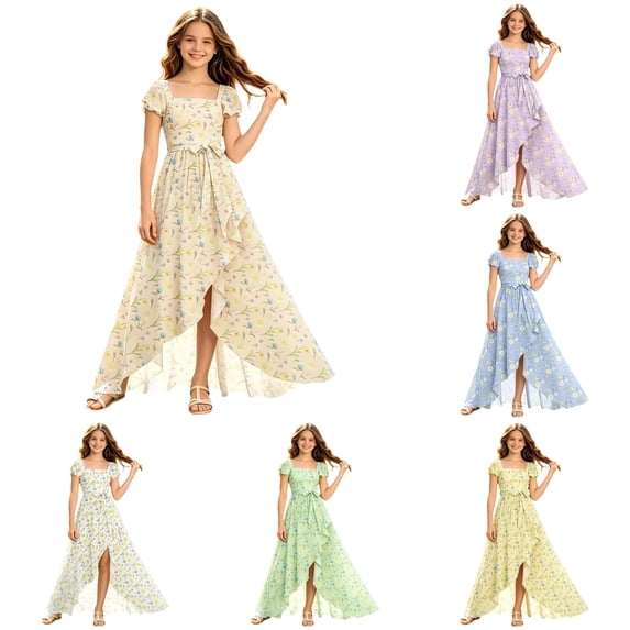 FYDUU Flower Girl Dress Girls Flutter Sleeve Floral Dresses Summer Ruffle Flowy Long Maxi Dress Elegant Party A-Line Sundress for Girls 5-6 Years
