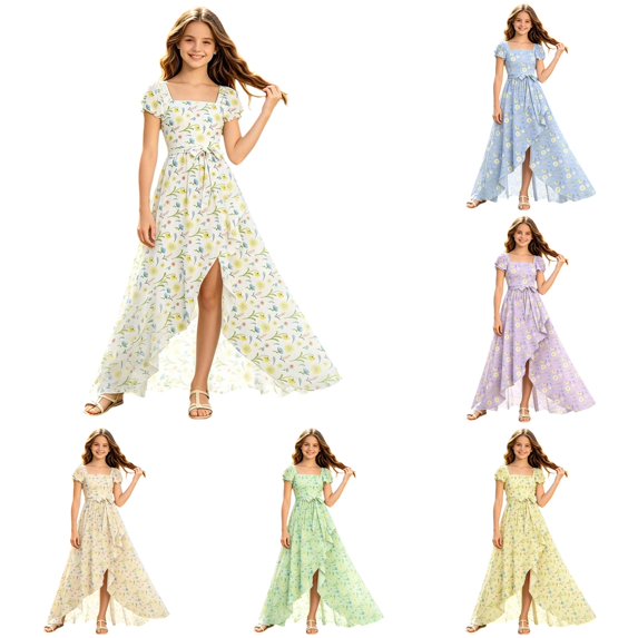 FYDUU Flower Girl Dress Girls Flutter Sleeve Floral Dresses Summer Ruffle Flowy Long Maxi Dress Elegant Party A-Line Sundress for Girls 5-6 Years