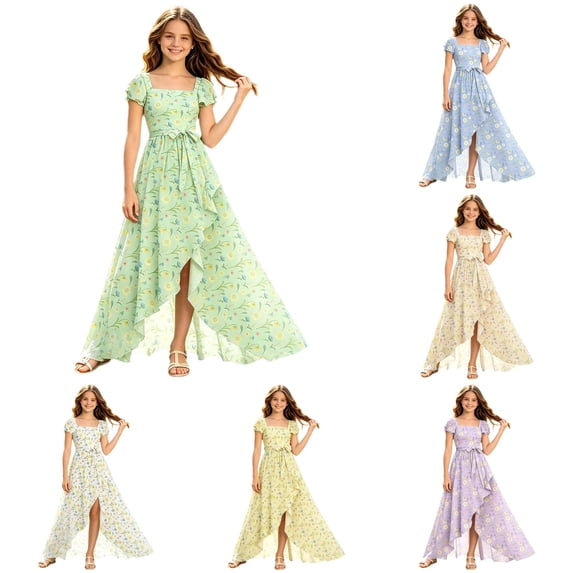FYDUU Flower Girl Dress Girls Flutter Sleeve Floral Dresses Summer Ruffle Flowy Long Maxi Dress Elegant Party A-Line Sundress for Girls 7-8 Years