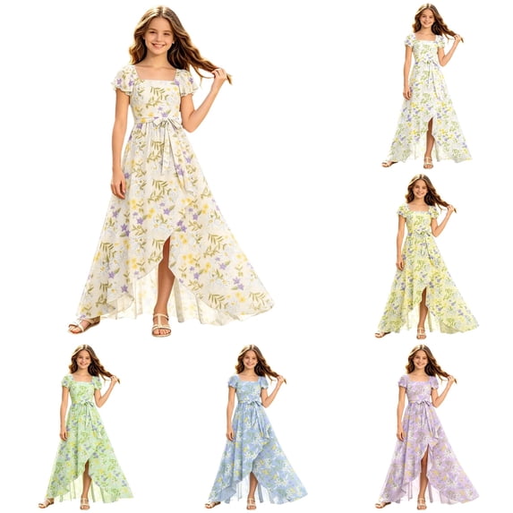 FYDUU Flower Girl Dress Summer Girls Flutter Sleeve Floral Dresses Elegant Flowy Ruffle Long Dress Stysligh Party A-Line Sundress 5-6 Years