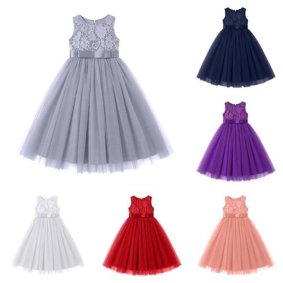 FYDUU Flower Girl Dresses Elegant Bridesmaid Wedding Pageant Lace Formal Maxi Gown Sleeveless Party Princess Tulle Dress for Girls 7-8 Years