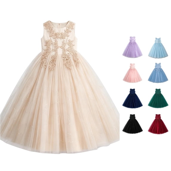 FYDUU Flower Girls Maxi Dress Bridesmaid Wedding Pageant Long Gown Embroidered Princess Tulle Dresses Formal Vintage Party Gown 11-12 Years