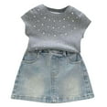 thumbnail image 1 of FYDUU Girl's 2 Piece Outfit Fashion Denim Skirt Set For Girls Summer Cap Sleeve Tee Shirt Crop Tops And Denim Mini Skirt Set Girls Clothing Sets 2-3 Years, 1 of 8