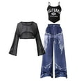 thumbnail image 1 of FYDUU Girl's 3 Piece Outfits Hollow Out Long Sleeve T Shirt Cami Top And Wide Leg Jeans Denim Pants Sets Trendy Teen Girls School Outfit 12-13 Years, 1 of 9