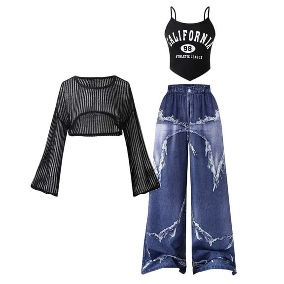 FYDUU Girl's 3 Piece Outfits Hollow Out Long Sleeve T Shirt Cami Top And Wide Leg Jeans Denim Pants Sets Trendy Teen Girls School Outfit 12-13 Years