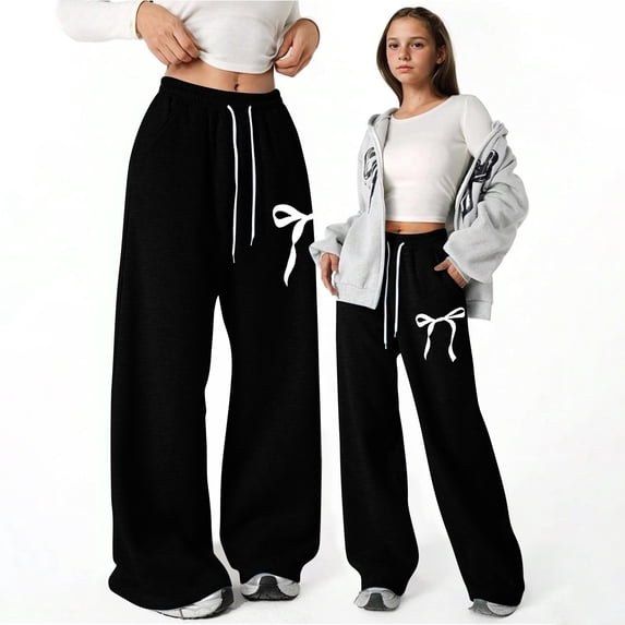 FYDUU Girl's Baggy Sweatpants Bow Print Elastic Waist Drawstring Jogger Pants Loose Fit Straight Leg Athletic Trousers Girls Sweatpants 4-5 Years