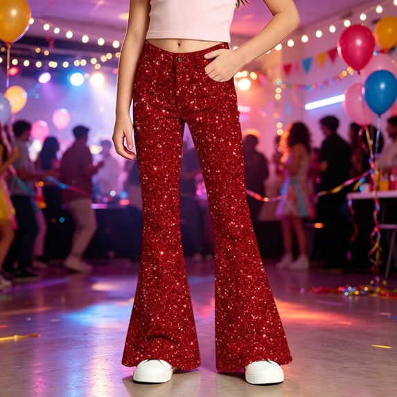 FYDUU Girl's Flare Leggings Sequin Print Bell Bottom Trousers Kids Casual Party Wear Slim Fit Bootcut Dress Pants for Girls Stylish Slacks 13-14 Years