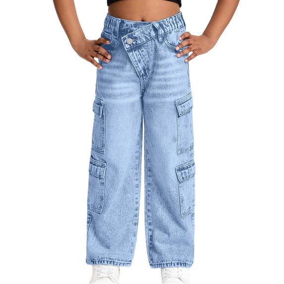 FYDUU Girl's Graphic Baggy Jeans Girls Cargo Jeans Distressed Denim Pants With Pockets Casual Wide Leg Jeans Loose Fit Comfortable Denim Trousers 6-7 Years