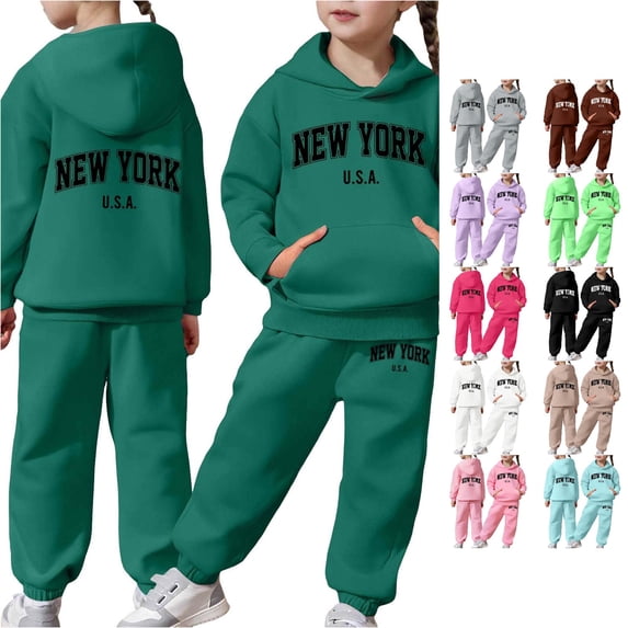 FYDUU Girl's Sweatsuit 2 Piece Outfits Casual Letter Print Long Sleeve Hooded Sweatshirt and Sweatpants Kids Fall Winter Clothes 12-13 Years