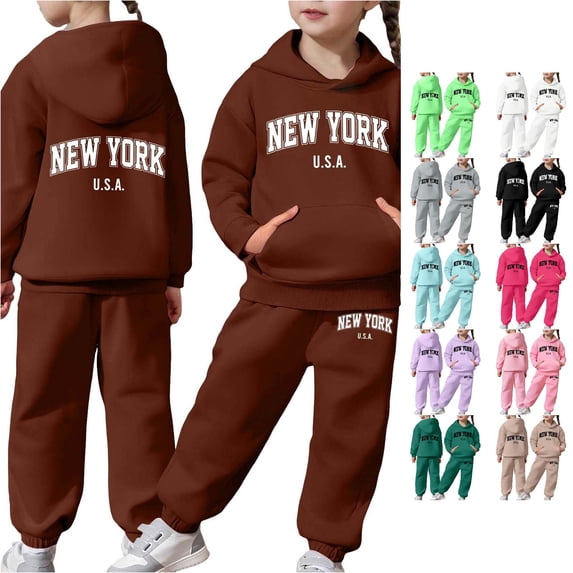 FYDUU Girl's Sweatsuit 2 Piece Outfits Casual Letter Print Long Sleeve Hooded Sweatshirt and Sweatpants Kids Fall Winter Clothes 6-7 Years