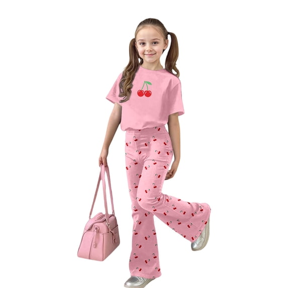 FYDUU Girls 2 Piece Outfit Cherry Print Short Sleeve T Shirt Tops and Flared Pants Two Piece Set Fashion Casual Back to School Clothes Soft Loungewear