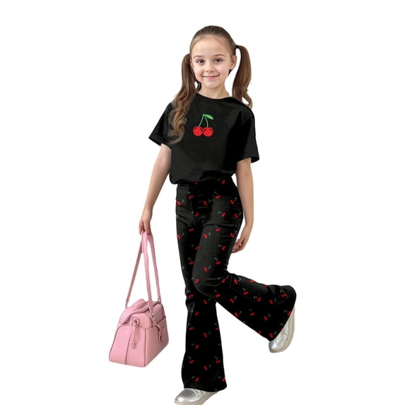 FYDUU Girls 2 Piece Outfit Cherry Print Short Sleeve T Shirt Tops and Flared Pants Two Piece Set Fashion Casual Back to School Clothes Casual Clothes