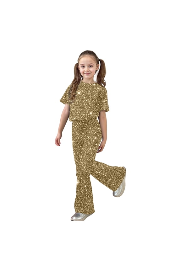 Girls 2 Piece Outfits Sequin Outfit Casual Fashion T Shirts Blouses Short Sleeve Tops And Flared Pants Set For Carnival Party Wear 7-8 Years
