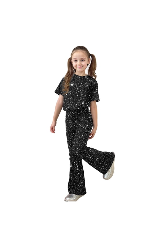 Girls 2 Piece Outfits Sequin Outfit Casual Fashion T Shirts Blouses Short Sleeve Tops And Flared Pants Set For Carnival Party Wear 9-10 Years