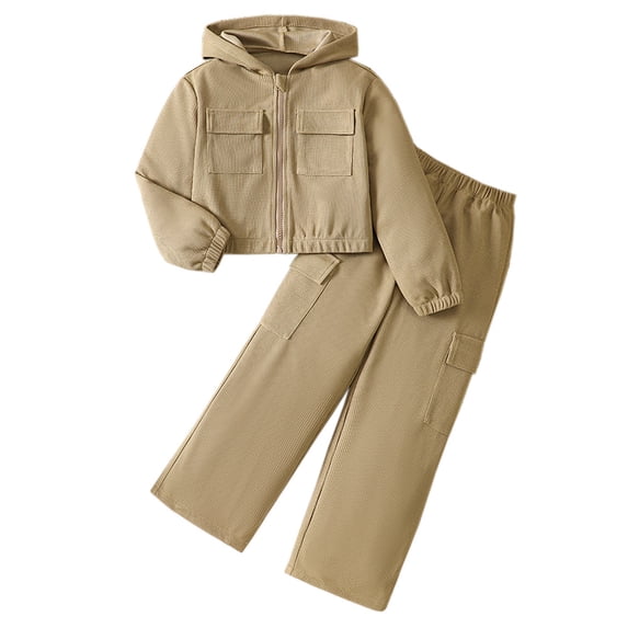 FYDUU Girls 2 Piece Outfits Solid Color Tracksuit Long Sleeve Crop Zip Up Jacket Top And Cargo Pants Set Big Kids Fall Winter Sweatsuits Casual Wear Soft Fall Clothes