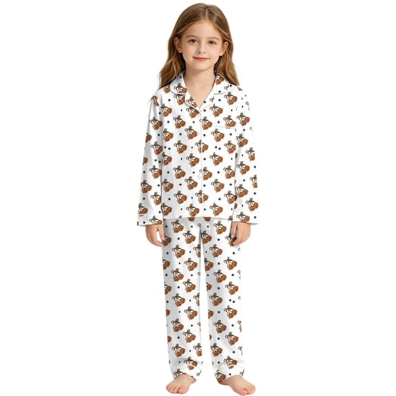 FYDUU Girls 2 Pieces Pajamas Sets Halloween Print Sleepwear Button Down Long Sleeve Pajama Loungewear Outfits for Kids Nightwear 9-10 Years